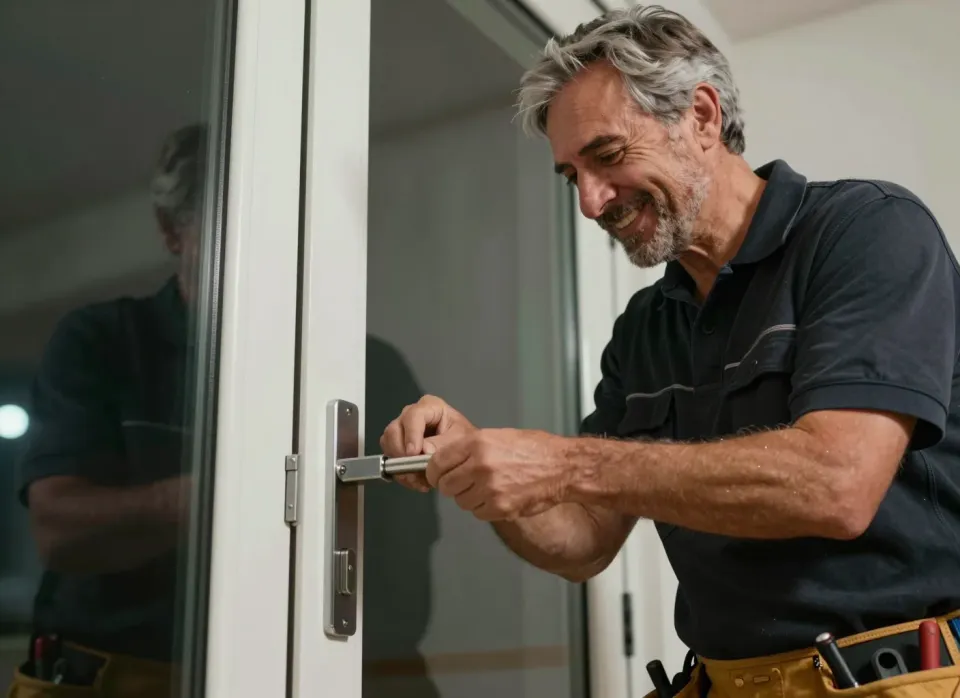 Monteur tauscht den Schließzylinder einer Wohnungstür